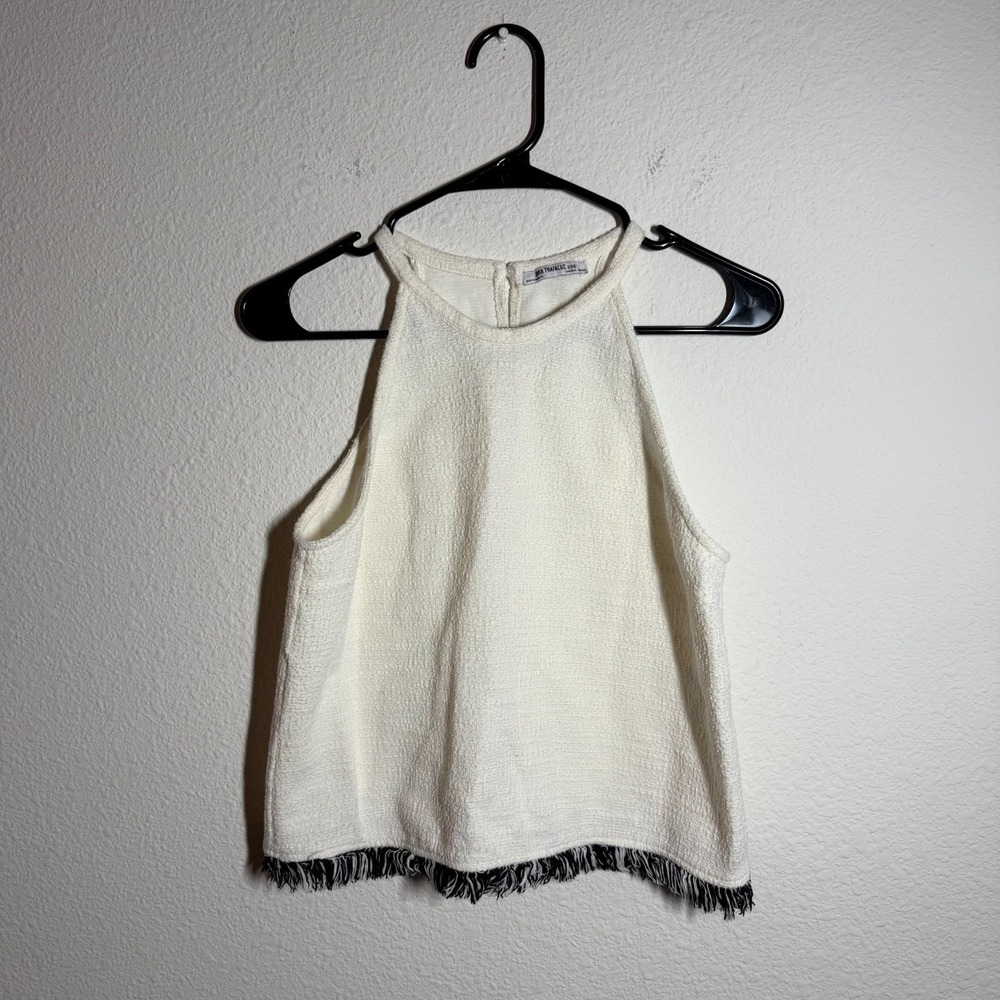 Zara Trafaluc Blouse Top Womens Small Beige Knit Warm Fringe Hem Back Keyhole